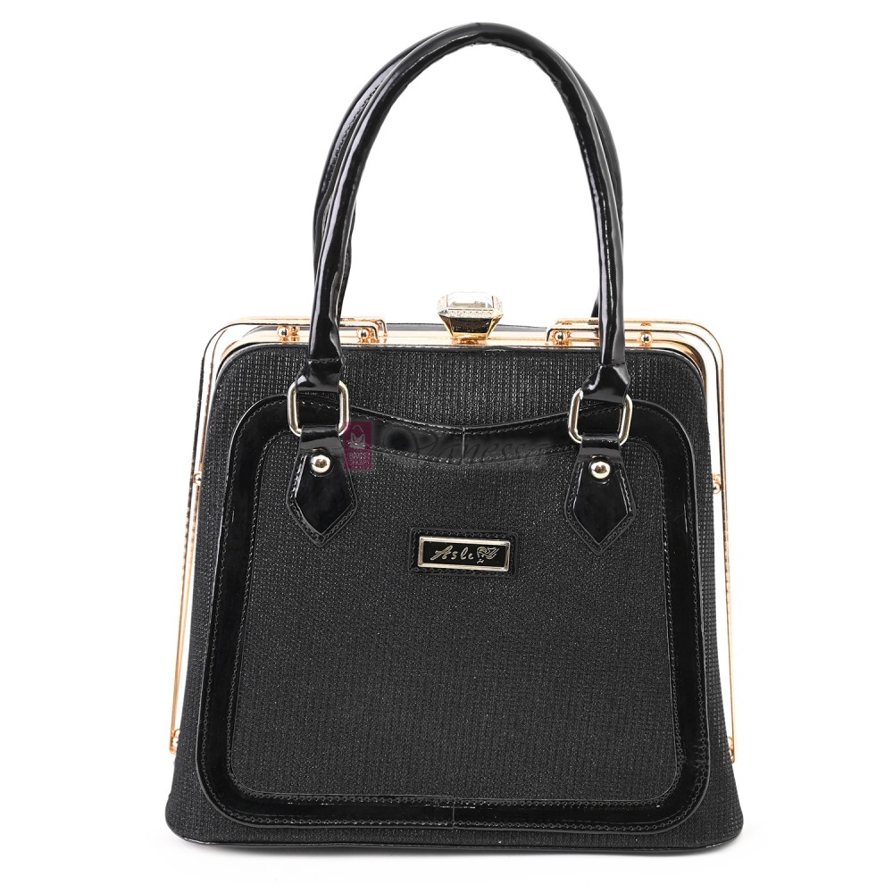 Eлегантна дамска чанта от еко кожа и текстил в черен цвят Код: TRL