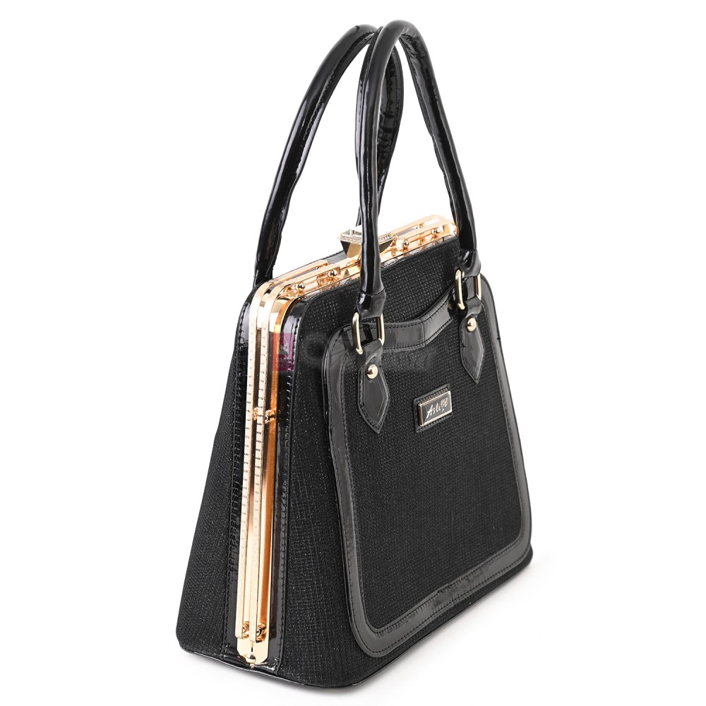 Eлегантна дамска чанта от еко кожа и текстил в черен цвят Код: TRL