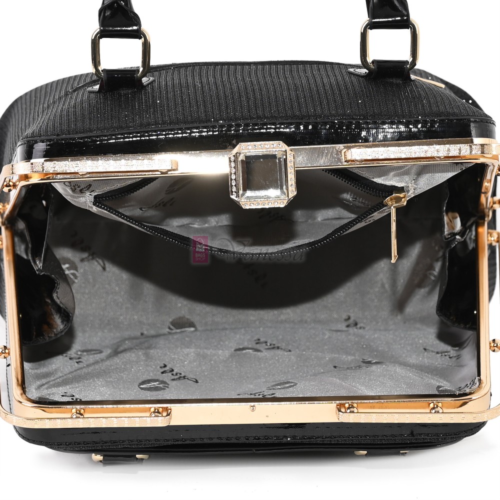 Eлегантна дамска чанта от еко кожа и текстил в черен цвят Код: TRL