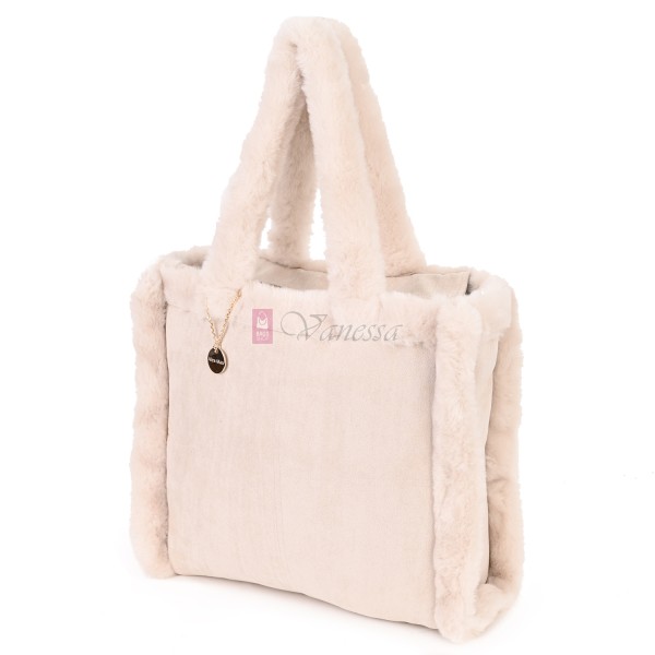 Голяма дамска чанта от текстил, в светлобежов цвят. Код: 0202B