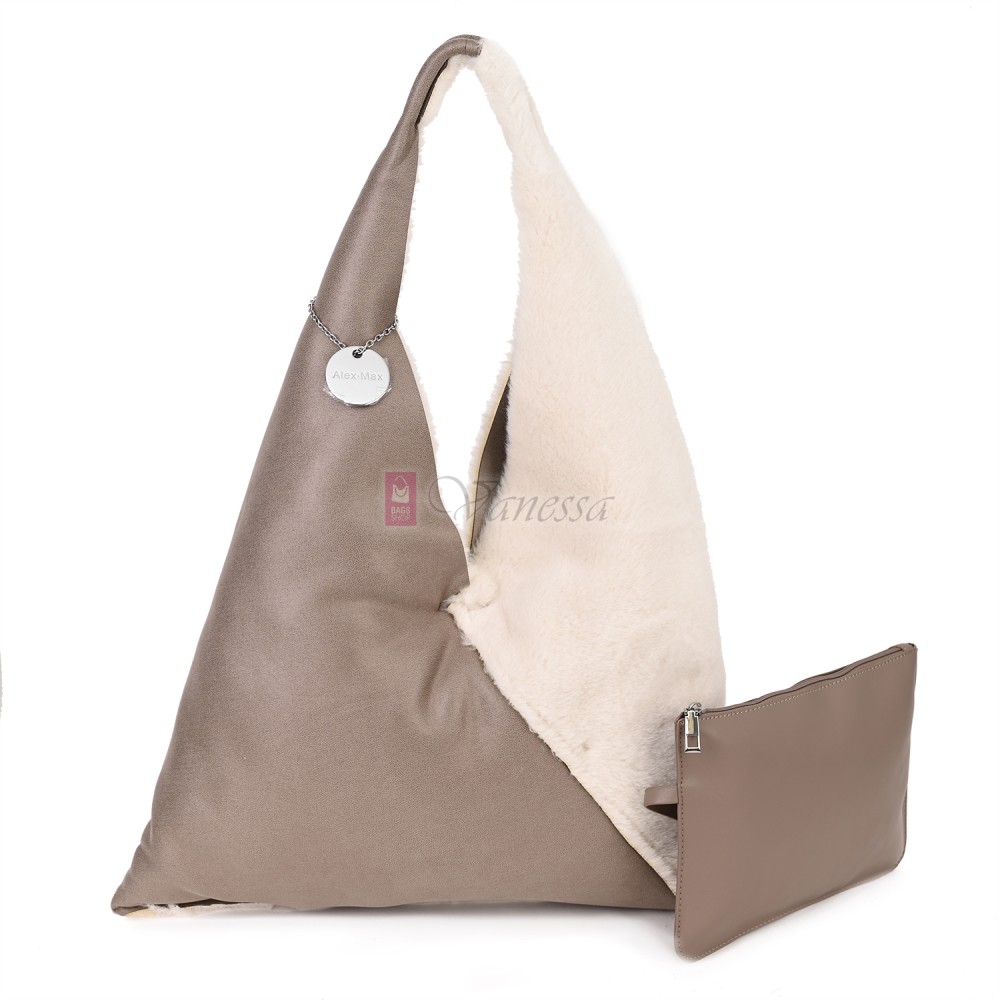 Голяма дамска чанта от текстил, в бежов цвят. Код: 0202C