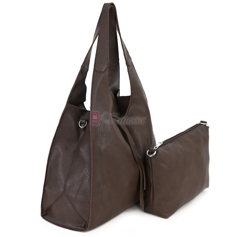Голяма дамска чанта от еко кожа в тъмнокафяв цвят. Код: 1388