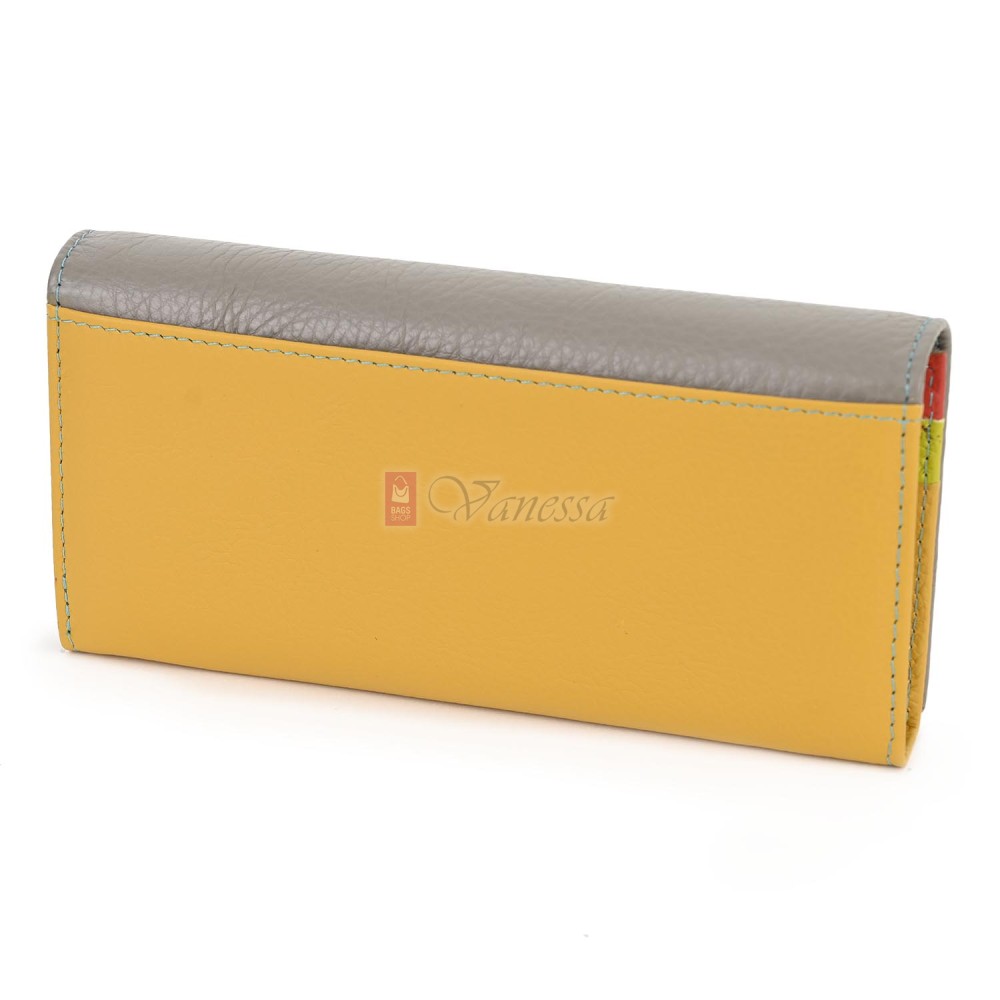 Голямо дамско портмоне от естествена кожа в жълто/сив цвят. КОД: 150