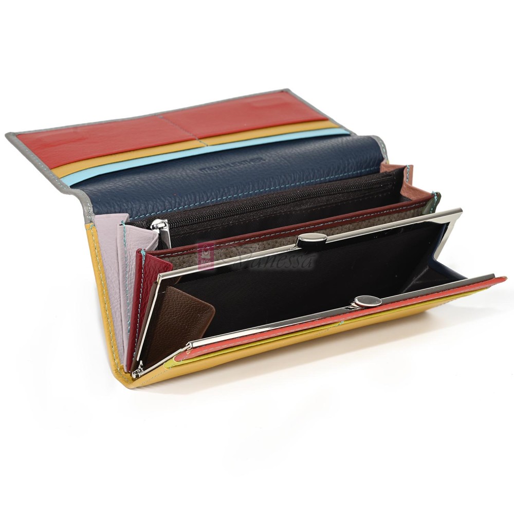 Голямо дамско портмоне от естествена кожа в жълто/сив цвят. КОД: 150