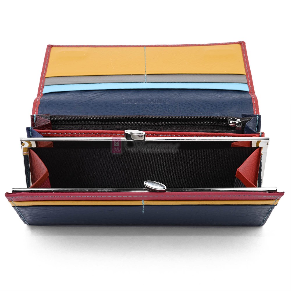 Голямо дамско портмоне от естествена кожа в червен/тъмносин цвят. КОД: 150