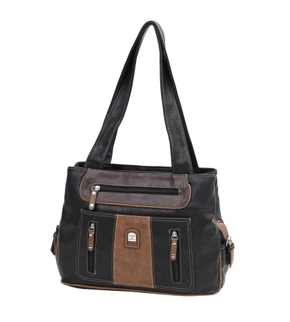 Дамска чанта от висококачествена еко кожа в черен цвят с кафяви джобове Код: 15107
