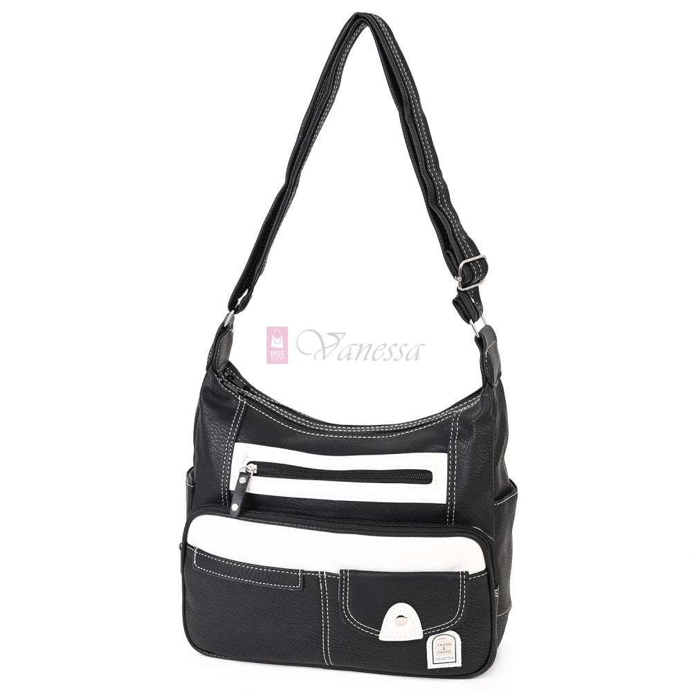 Дамска ежедневна чанта от висококачествена еко кожа в черен цвят с бели акценти. Код: 15115