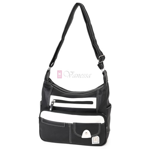 Дамска ежедневна чанта от висококачествена еко кожа в черен цвят с бели акценти. Код: 15115