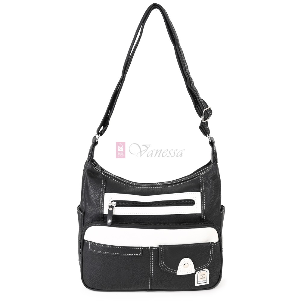 Дамска ежедневна чанта от висококачествена еко кожа в черен цвят с бели акценти. Код: 15115