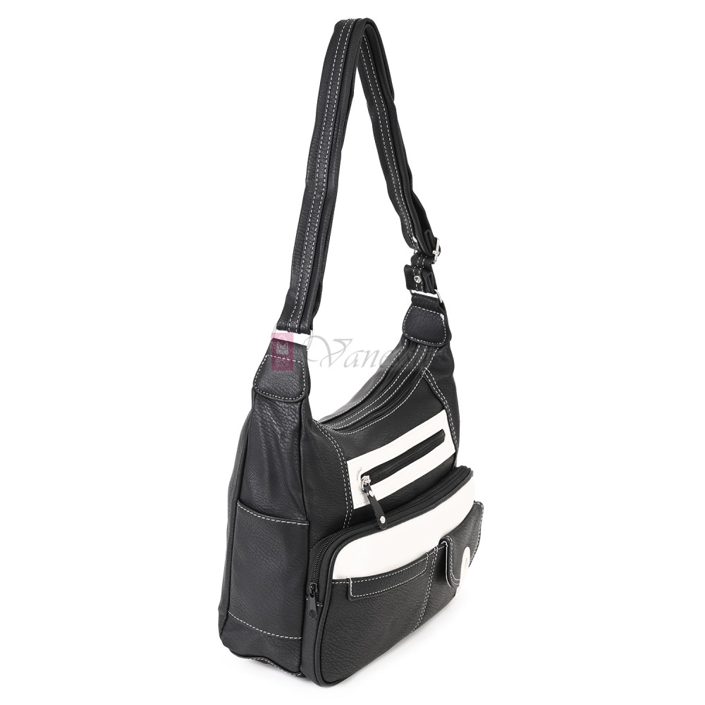 Дамска ежедневна чанта от висококачествена еко кожа в черен цвят с бели акценти. Код: 15115