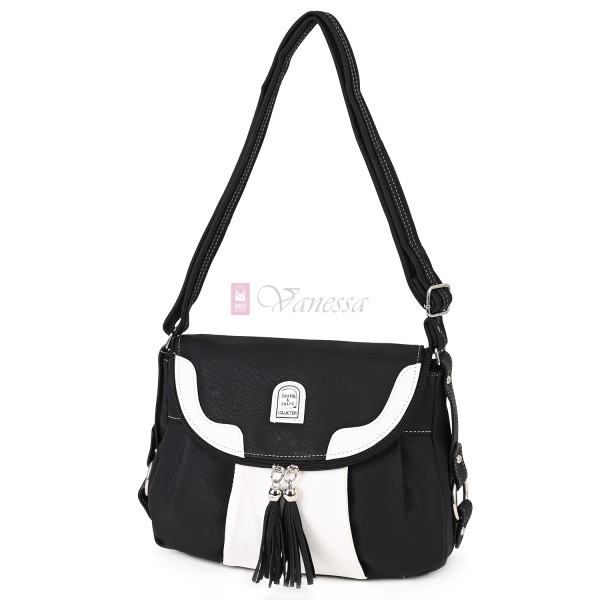 Дамска чанта от висококачествена еко кожа в черен цвят с бели акценти. Код: 15120