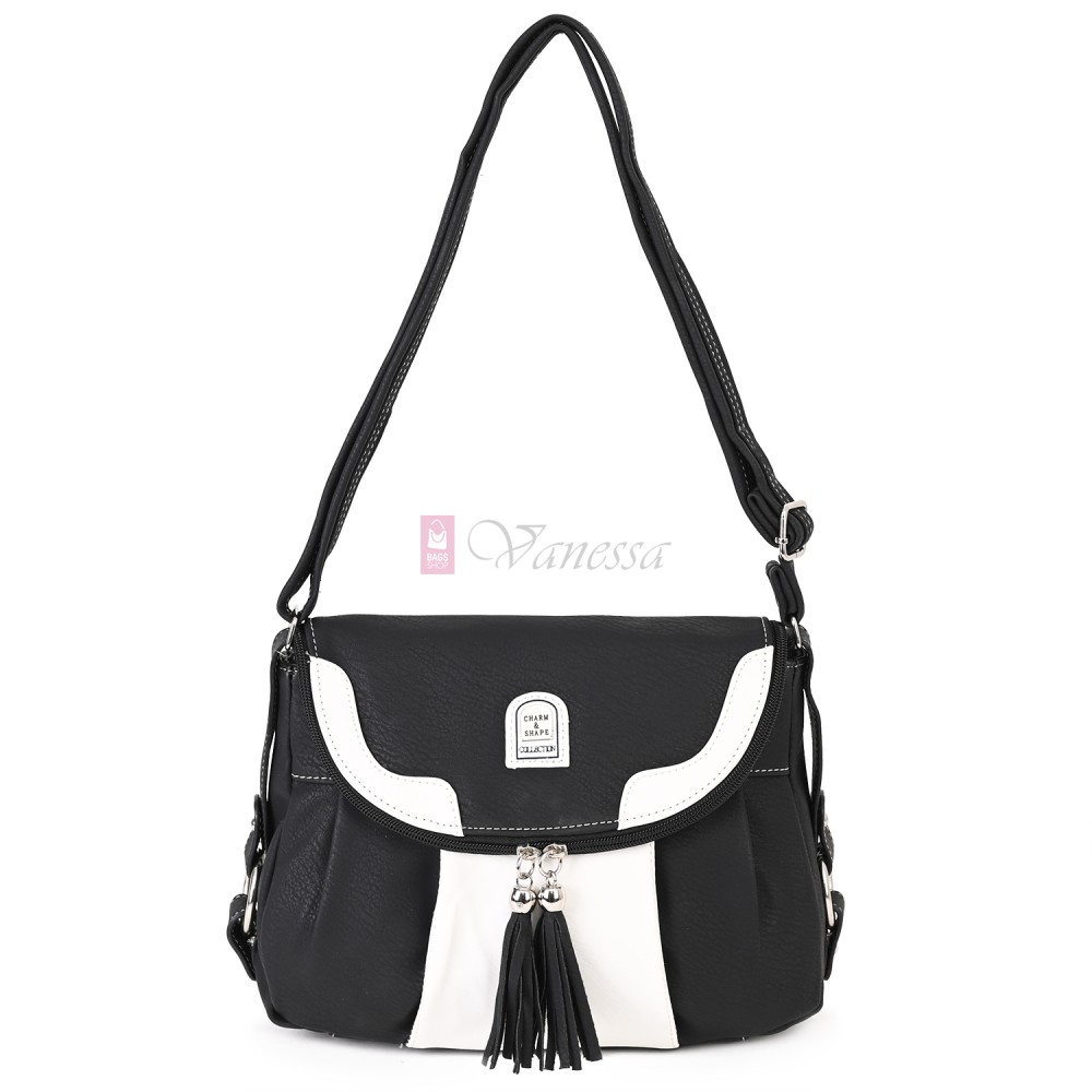 Дамска чанта от висококачествена еко кожа в черен цвят с бели акценти. Код: 15120