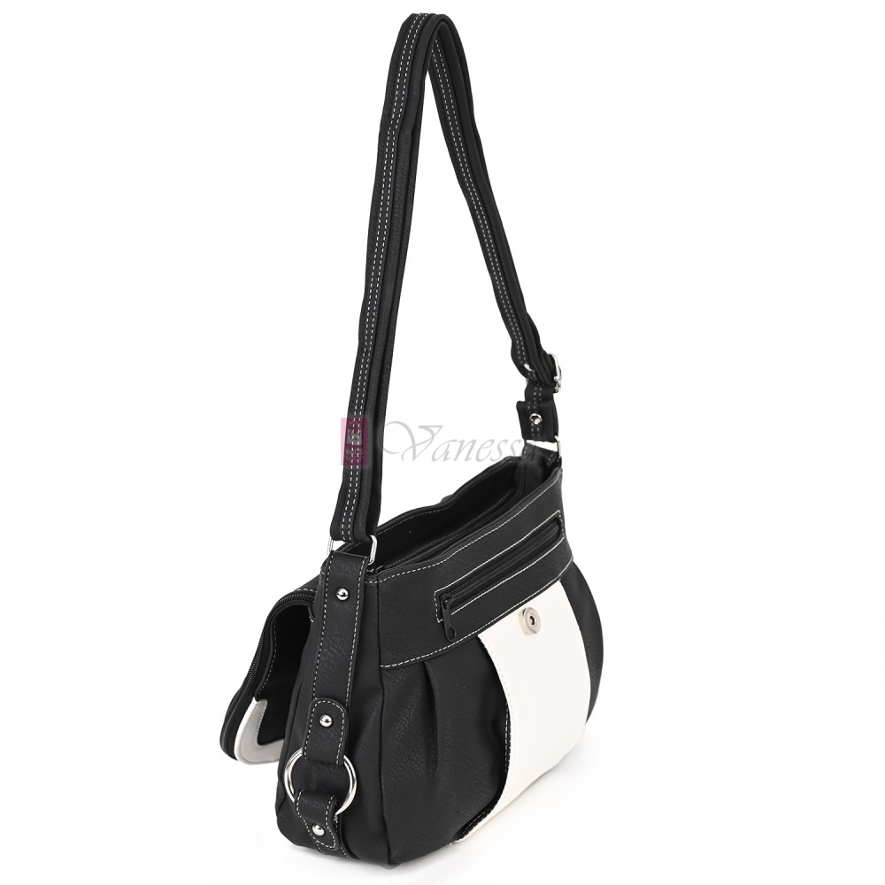 Дамска чанта от висококачествена еко кожа в черен цвят с бели акценти. Код: 15120