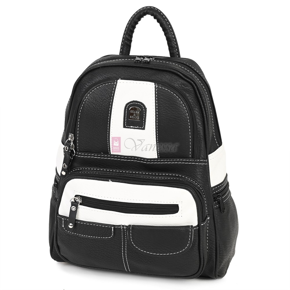 Дамска раница от висококачествена еко кожа в черен цвят с бели акценти Код: 15130