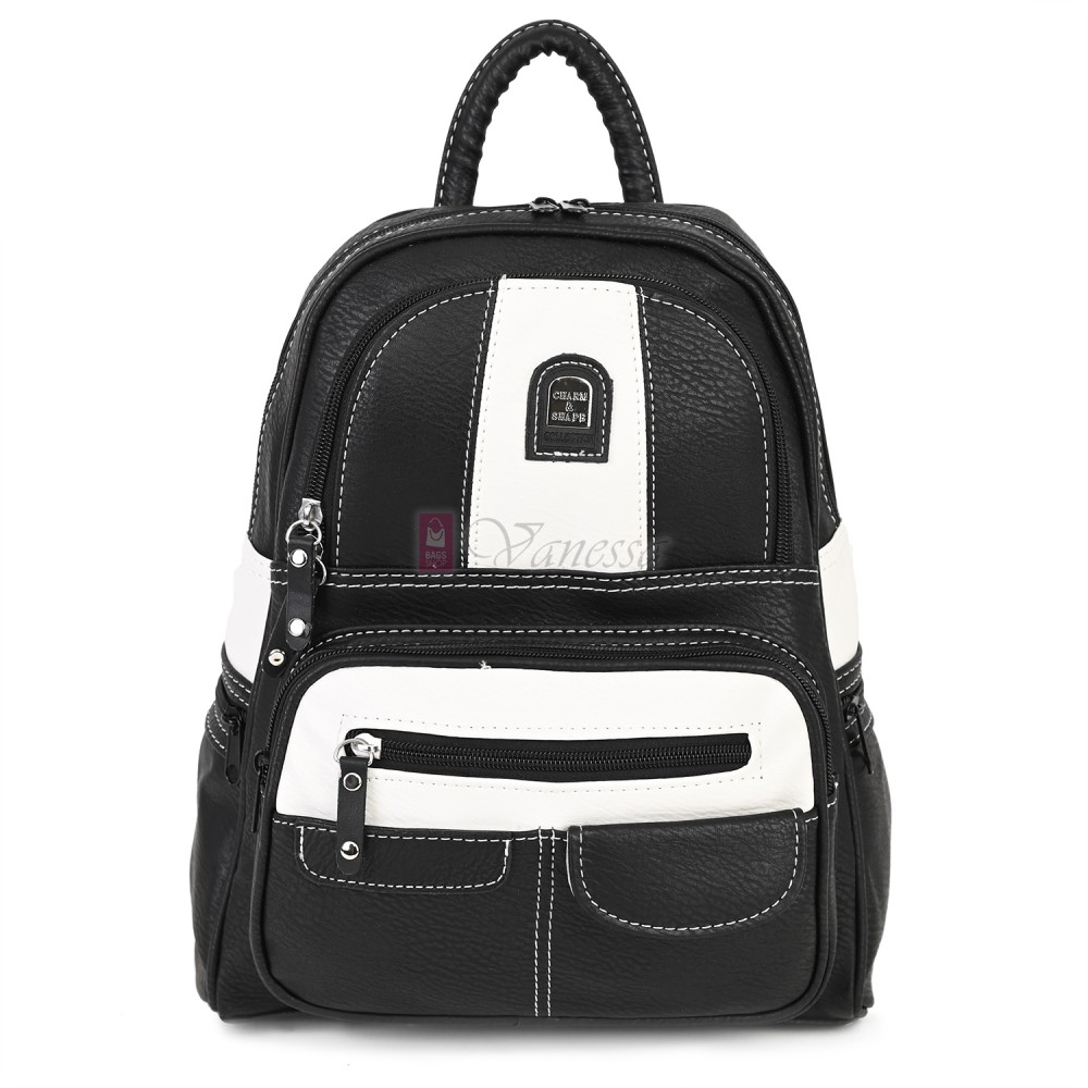 Дамска раница от висококачествена еко кожа в черен цвят с бели акценти Код: 15130