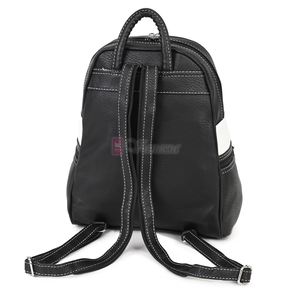 Дамска раница от висококачествена еко кожа в черен цвят с бели акценти Код: 15130