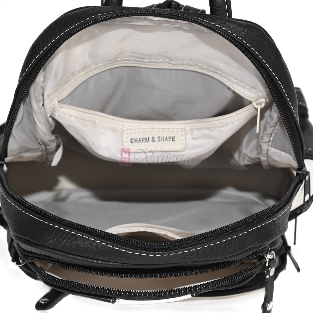 Дамска раница от висококачествена еко кожа в черен цвят с бели акценти Код: 15130