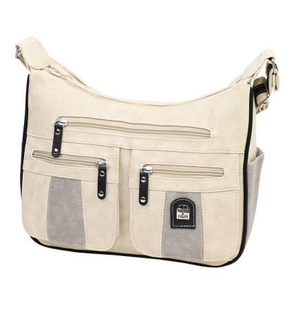 Дамска чанта от висококачествена еко кожа в бежов цвят със сиви джобове Код: 15161