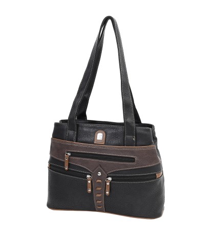 Дамска чанта от висококачествена еко кожа в черен цвят с кафяви джобове Код: 15162