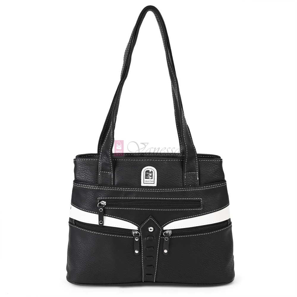 Дамска чанта от висококачествена еко кожа в черен цвят с бели джобове Код: 15162