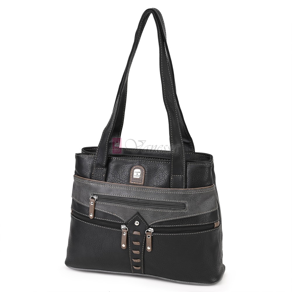 Дамска чанта от висококачествена еко кожа в черен цвят със сиви джобове Код: 15162