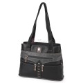 Дамска чанта от висококачествена еко кожа в черен цвят със сиви джобове Код: 15162