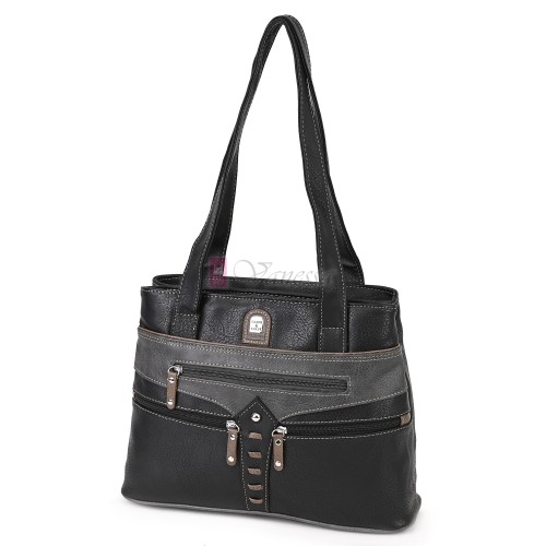 Дамска чанта от висококачествена еко кожа в черен цвят със сиви джобове Код: 15162