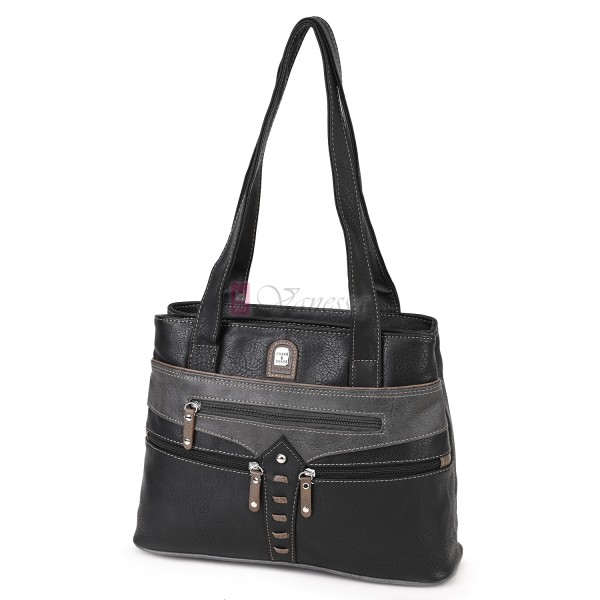 Дамска чанта от висококачествена еко кожа в черен цвят със сиви джобове Код: 15162