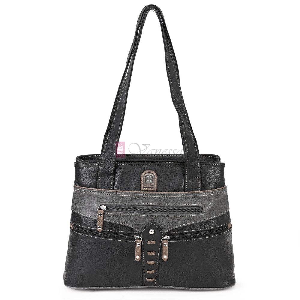 Дамска чанта от висококачествена еко кожа в черен цвят със сиви джобове Код: 15162