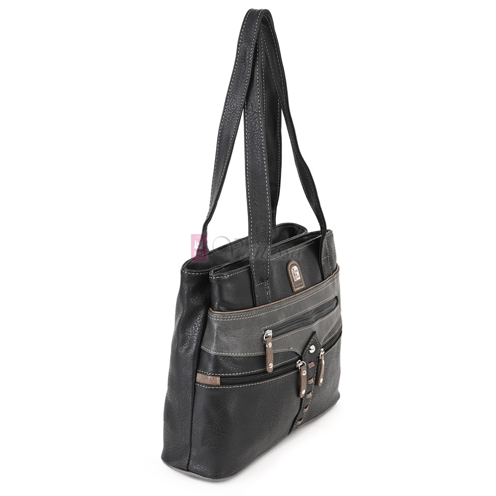 Дамска чанта от висококачествена еко кожа в черен цвят със сиви джобове Код: 15162