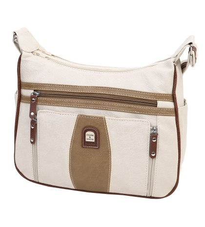 Дамска чанта от висококачествена еко кожа в бежов цвят с кафяви джобове Код: 15163