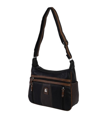 Дамска чанта от висококачествена еко кожа в черен цвят с кафяви джобове Код: 15163