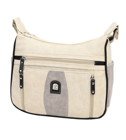 Дамска чанта от висококачествена еко кожа в бежов цвят със сиви джобове Код: 15163