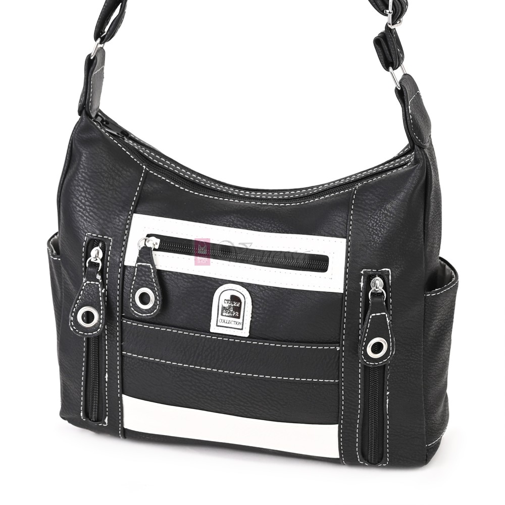 Дамска чанта от висококачествена еко кожа в черен цвят с бели акценти. Код: 15166