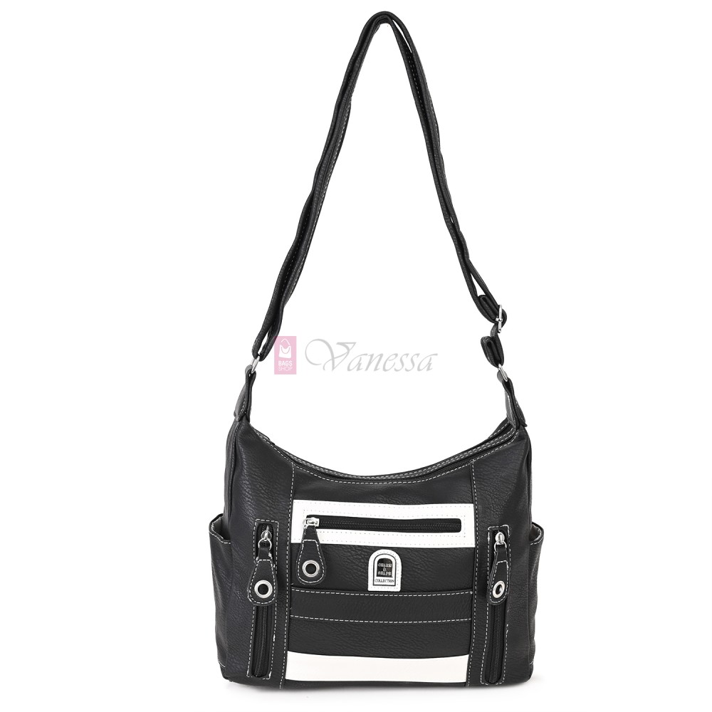 Дамска чанта от висококачествена еко кожа в черен цвят с бели акценти. Код: 15166