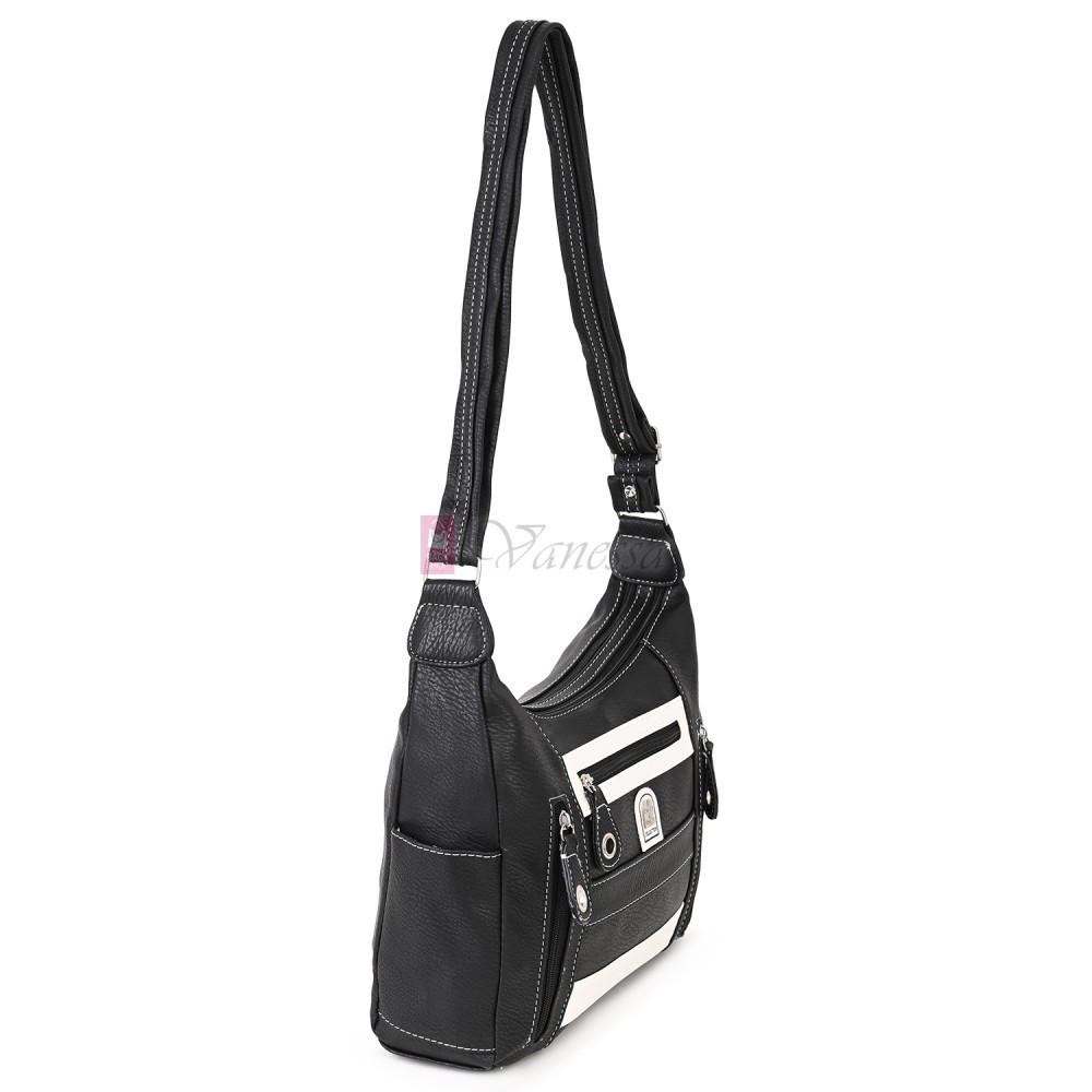 Дамска чанта от висококачествена еко кожа в черен цвят с бели акценти. Код: 15166