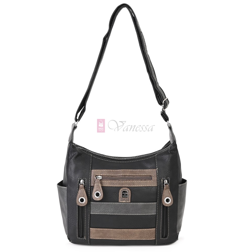 Дамска чанта от висококачествена еко кожа в черен цвят със сиви акценти. Код: 15166