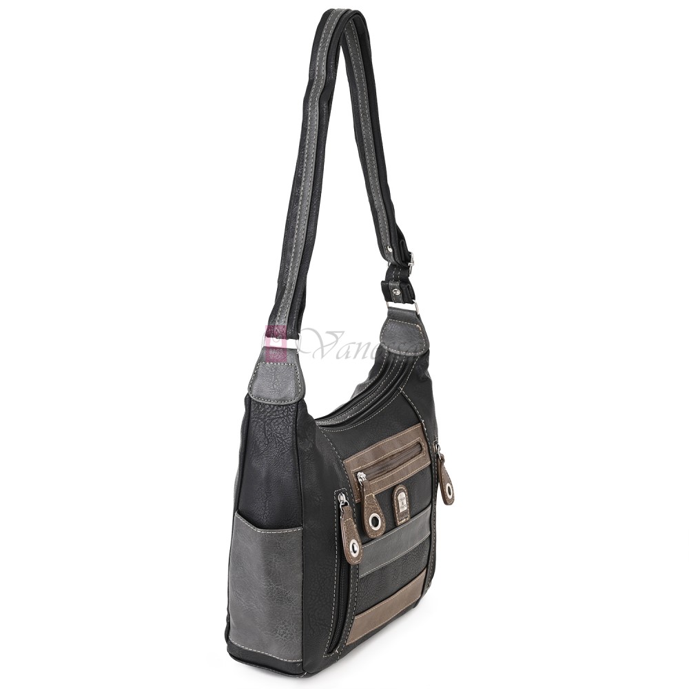 Дамска чанта от висококачествена еко кожа в черен цвят със сиви акценти. Код: 15166