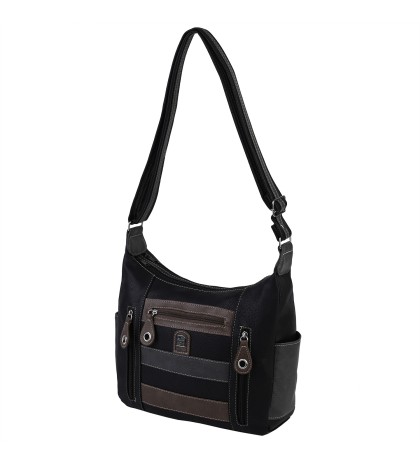 Дамска чанта от висококачествена еко кожа в черен цвят със сиви джобове Код: 15166