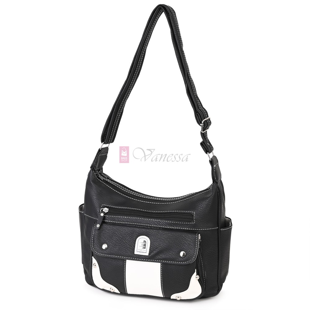 Дамска чанта от висококачествена еко кожа в черен цвят с бели джобове Код: 15167