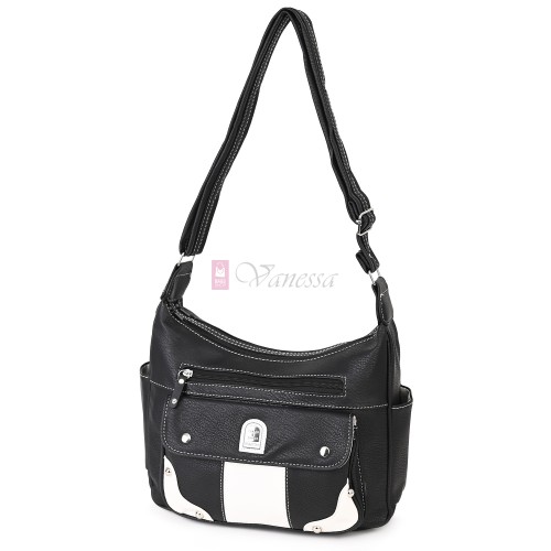 Дамска чанта от висококачествена еко кожа в черен цвят с бели джобове Код: 15167