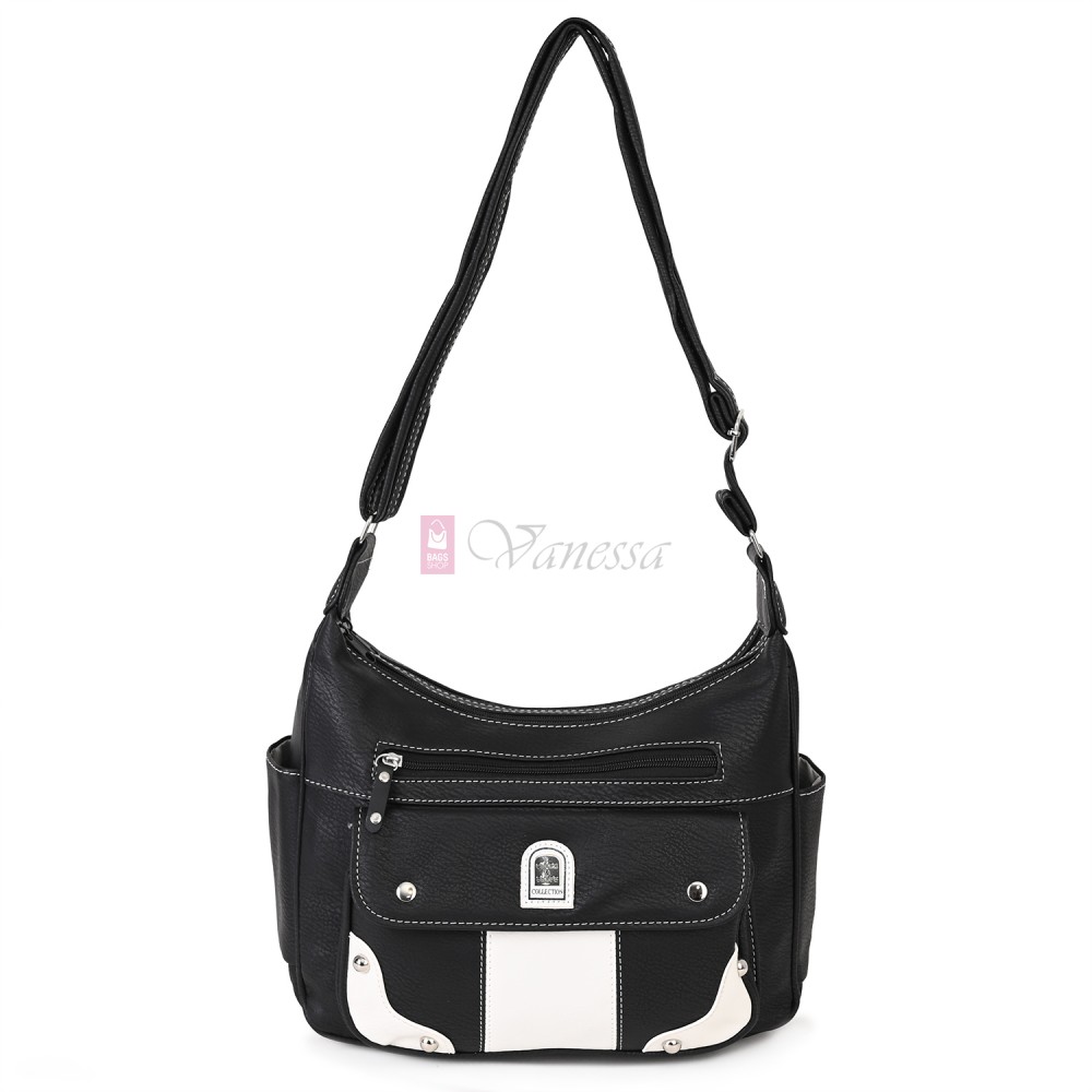 Дамска чанта от висококачествена еко кожа в черен цвят с бели джобове Код: 15167