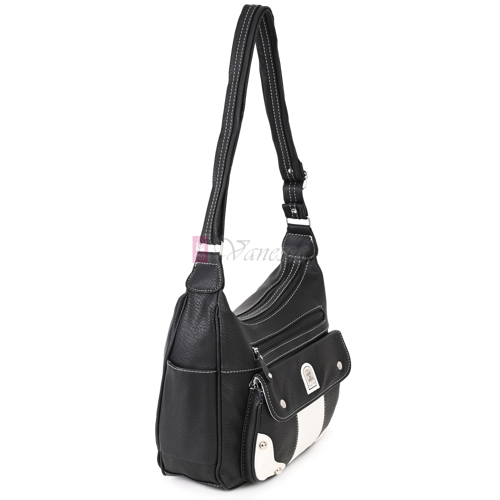 Дамска чанта от висококачествена еко кожа в черен цвят с бели джобове Код: 15167