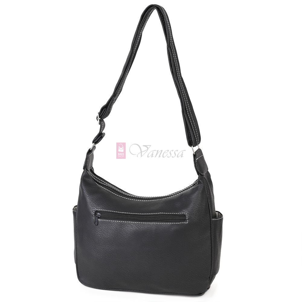 Дамска чанта от висококачествена еко кожа в черен цвят с бели джобове Код: 15167