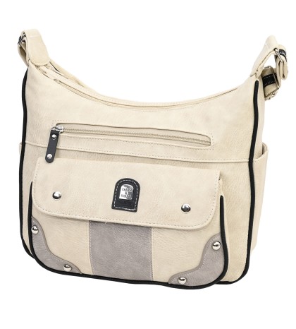 Дамска чанта от висококачествена еко кожа в бежов цвят със сиви джобове Код: 15167