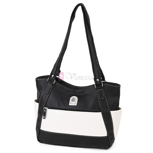 Дамска чанта от висококачествена еко кожа в черен цвят с бели акценти Код: 15181