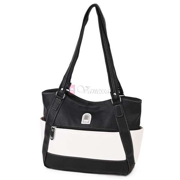 Дамска чанта от висококачествена еко кожа в черен цвят с бели акценти Код: 15181