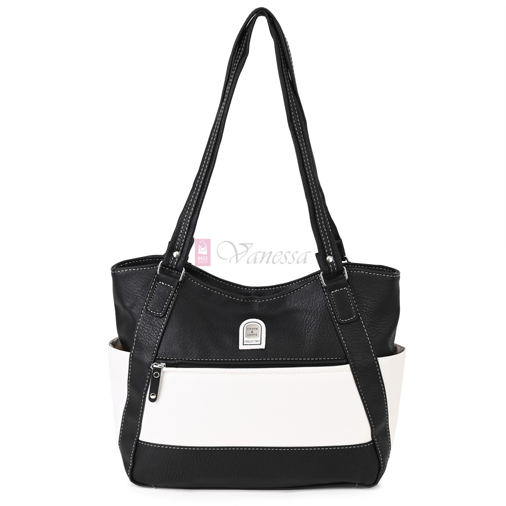 Дамска чанта от висококачествена еко кожа в черен цвят с бели акценти Код: 15181