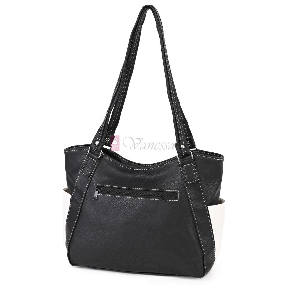 Дамска чанта от висококачествена еко кожа в черен цвят с бели акценти Код: 15181