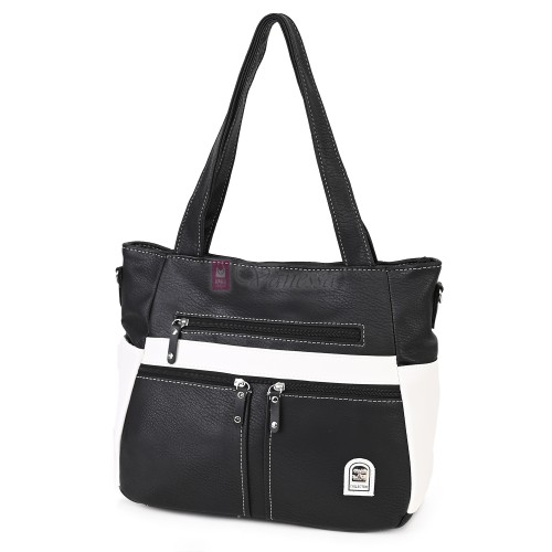 Дамска чанта от висококачествена еко кожа в черен цвят с бели акценти Код: 15182